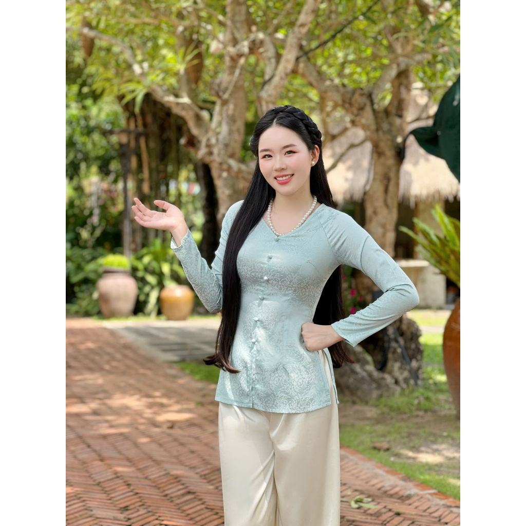 B.A206 - Áo Bà Ba GấM Tơ DệT HoA Lá TrúC Cổ TiM Nút Nụ BọC DâY KéO TaY Dài (QUẦN LỤA)