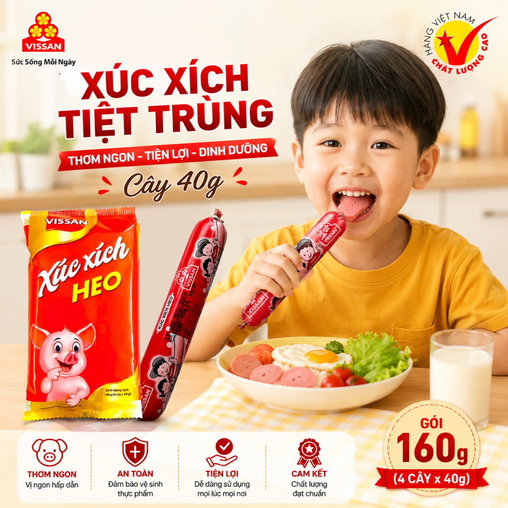 [ COMBO 5 GÓI ] Xúc Xích Tiệt Trùng Heo Vissan 160g (4 Cây x 40g) – Date Mới Nhất