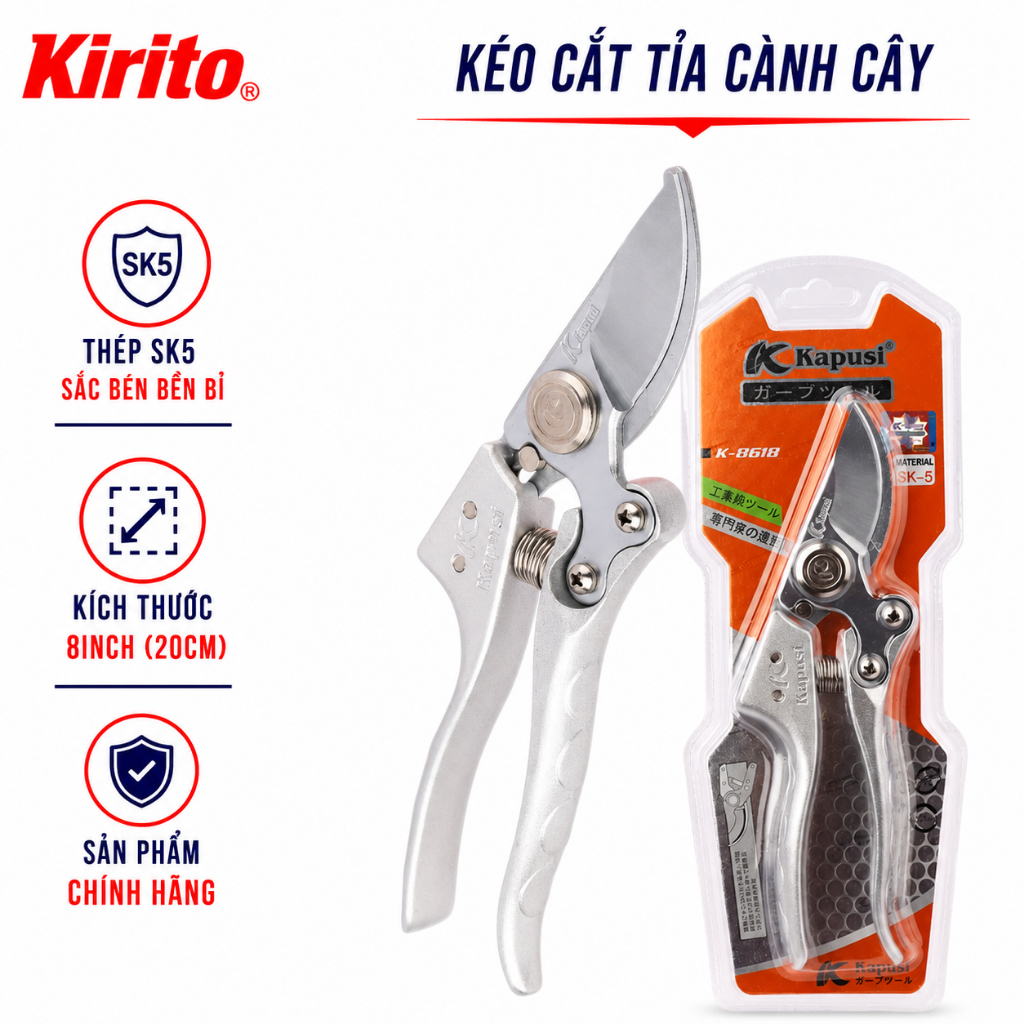Kéo Cắt Tỉa Cành Cây Kapusi K-8618 – Thép SK5, Kích Thước 8 Inch (20cm)