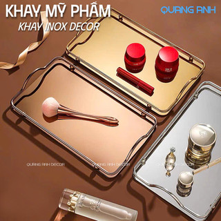 Khay inox tráng gương decor đựng phụ kiện trang điểm, mỹ phẩm | khay bê đồ đựng bình cốc, trà, bánh