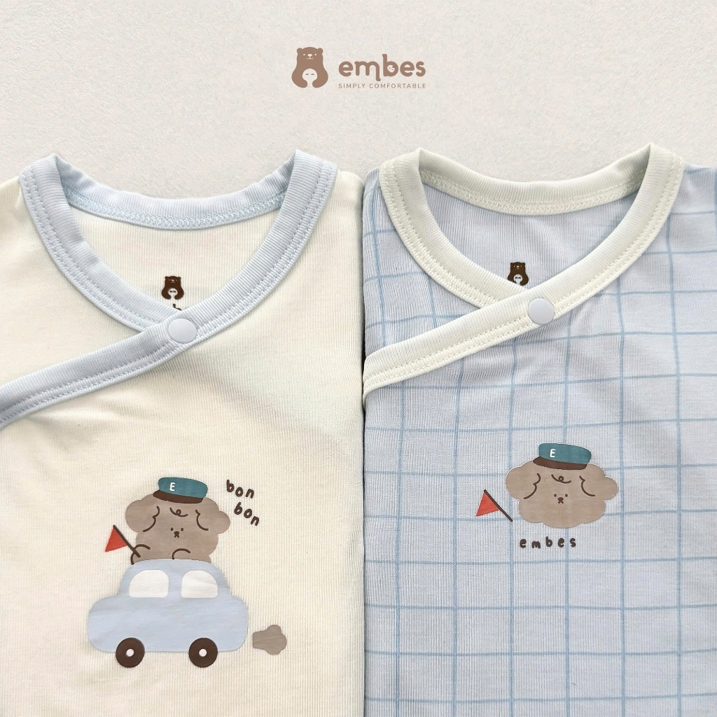 Bộ Sơ Sinh Embes, Bộ Dài Tay Cài Chéo In Họa Tiết Chất Viscose Mềm Mát Cho Bé Sơ SInh Từ 0-9 Tháng