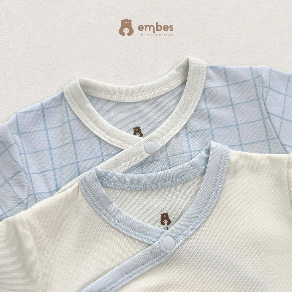 Bộ Sơ Sinh Embes, Bộ Dài Tay Cài Chéo In Họa Tiết Chất Viscose Mềm Mát Cho Bé Sơ SInh Từ 0-9 Tháng