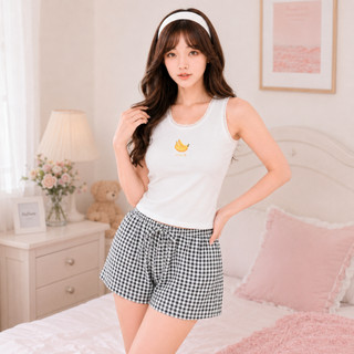 Set Áo Balo Viền Ren In Trái Cây Nhiệt Đới Kèm Quần Short Karo Nữ Ống Rộng Phối Nơ Chất Cotton - BD016