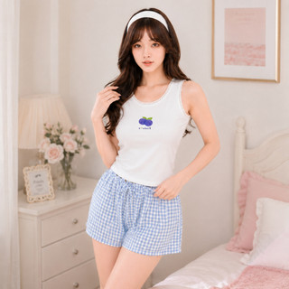 Set Áo Balo Viền Ren In Trái Cây Nhiệt Đới Kèm Quần Short Karo Nữ Ống Rộng Phối Nơ Chất Cotton - BD016