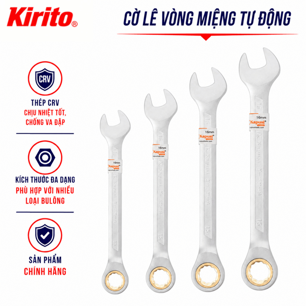 Cờ lê vòng miệng TỰ ĐỘNG Kapusi Japan nhiều size, thép CR-V chịu lực cao 50BV30, bánh cóc 72 răng