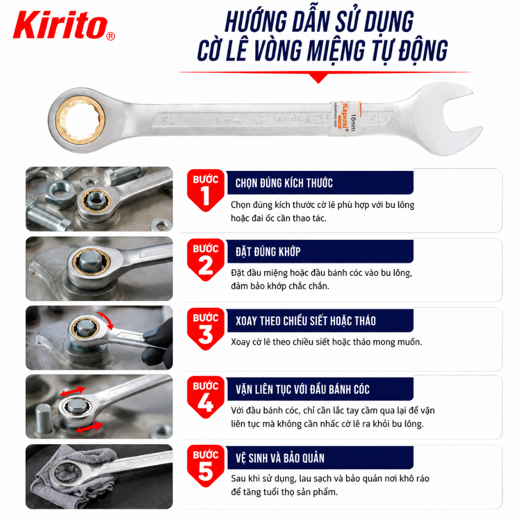Cờ lê vòng miệng TỰ ĐỘNG Kapusi Japan nhiều size, thép CR-V chịu lực cao 50BV30, bánh cóc 72 răng