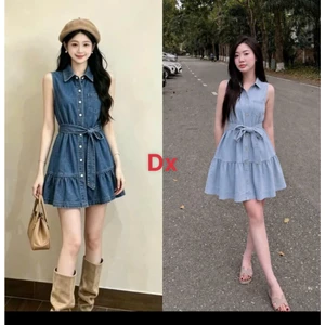 Đầm Jean Nữ Sát Nách Cổ Sơ Mi Dáng Xòe Kèm Đai Thắt Eo - Váy Bò Giả Cúc Xếp Ly Đuôi Cá Đi Chơi, Dạo Phố