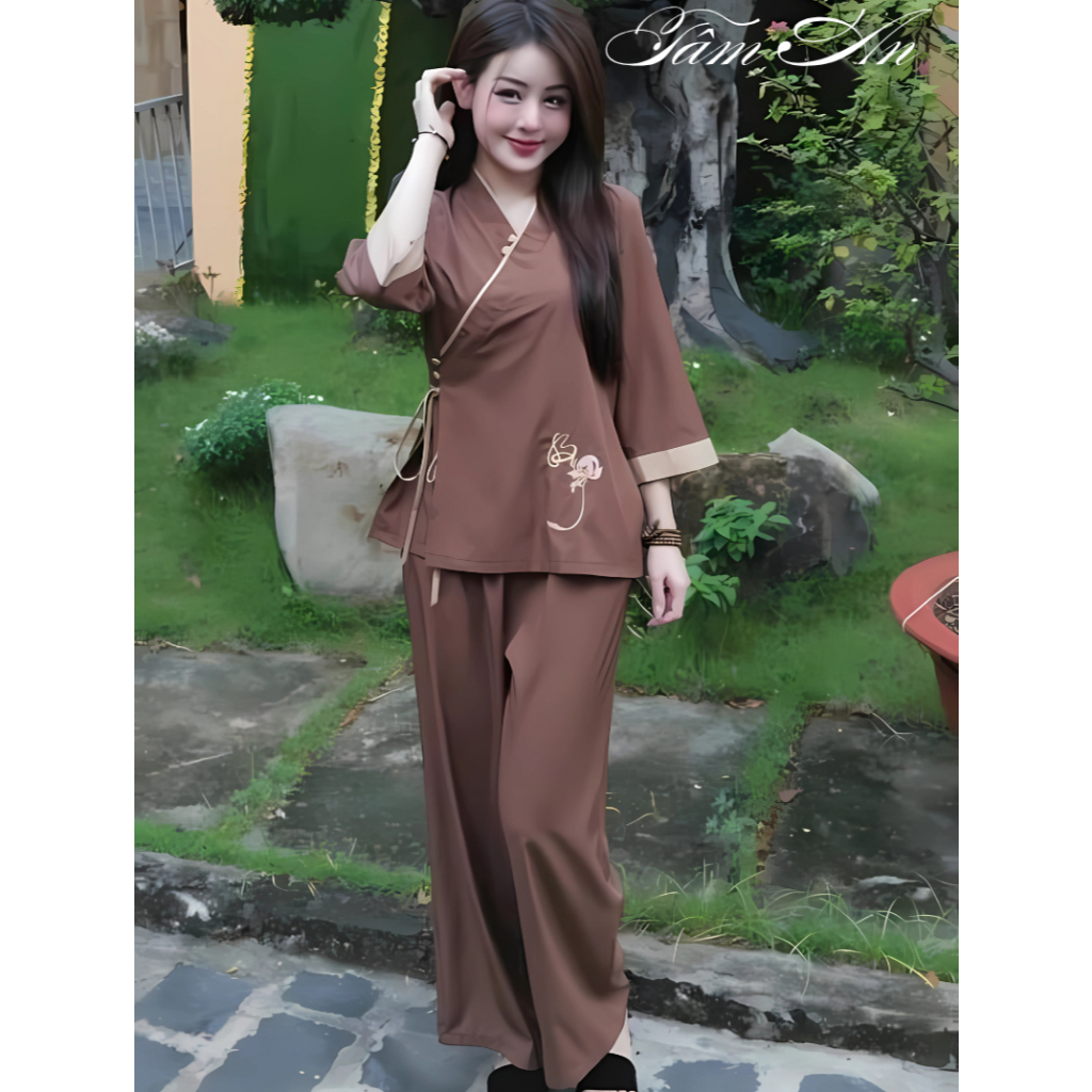 Bộ Đồ Lam Đi Chùa,Pháp Phục đi Lễ chất lụa cao cấp Chữ Buông- Pháp Phục Tâm An TA02
