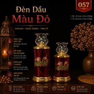 Đèn Dầu Thủy Tinh Mã 057 Họa Tiết Hoa Sen Vẽ Vàng - Sắc Đỏ Ruby Quyền Quý, Phong Cách Cổ Phong Trang Trí Bàn Thờ, Trà Đạ