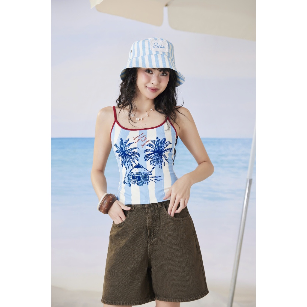 SECODEE Áo Hai Dây Nữ HICAR Vải Cotton Co Giãn In Họa Tiết Phối Họa Tiết Sọc Mùa Hè FSBA2604046
