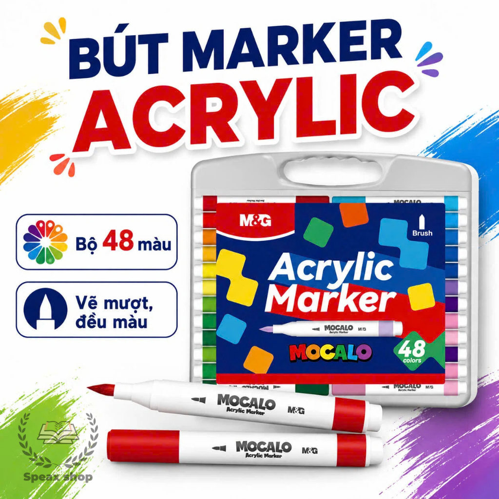Bút Acrylic Marker M&G MOCALO 12/24/36/48 Màu – Mực Nhiều Hơn 80%, Độ Che Phủ Cao, Vẽ Gỗ Kính Gốm Sứ Giày Dép