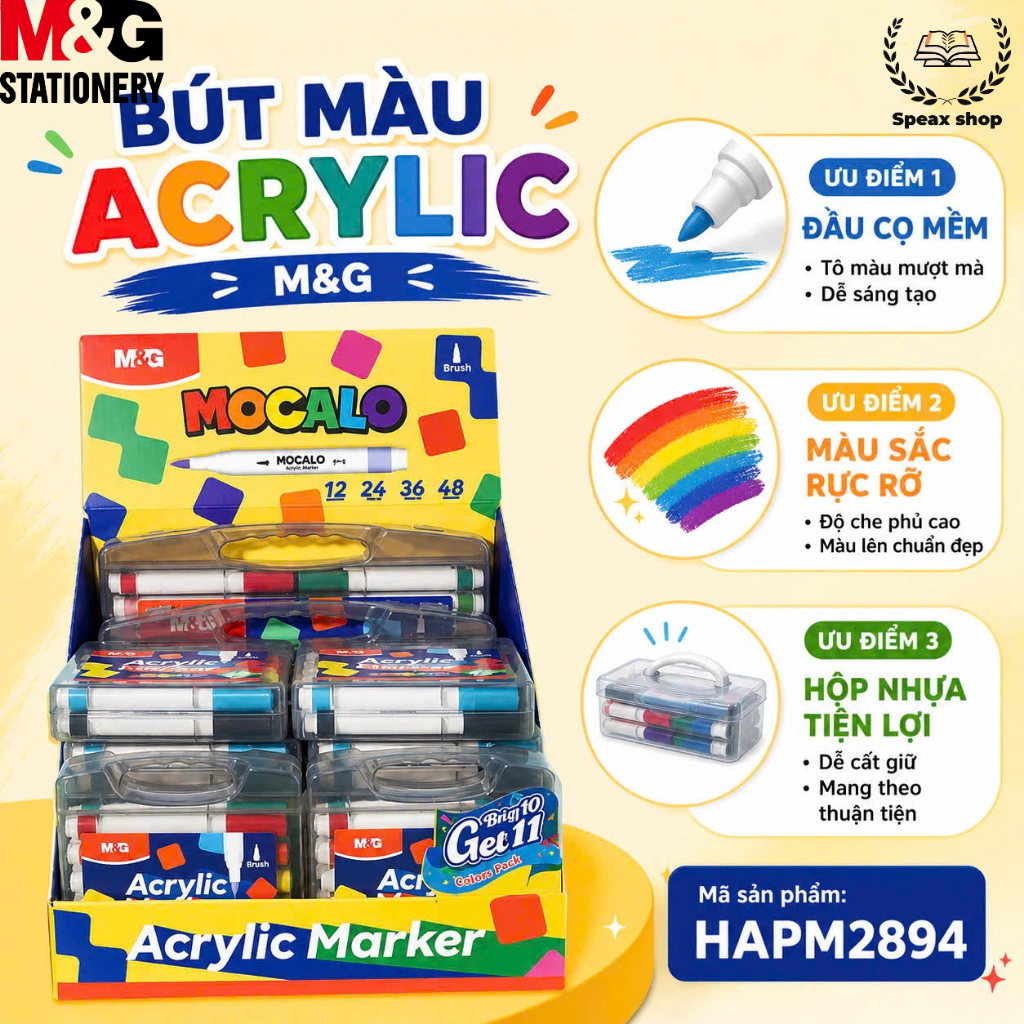 Bút Acrylic Marker M&G MOCALO 12/24/36/48 Màu – Mực Nhiều Hơn 80%, Độ Che Phủ Cao, Vẽ Gỗ Kính Gốm Sứ Giày Dép