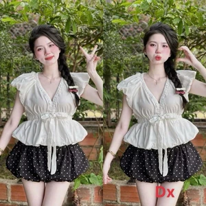Set Bộ Nữ Đi Chơi Áo Cotton Hàn Cổ V Tay Cánh Tiên Mix Chân Váy Bí Ngô Chấm Bi Vải Mango Cao Cấp Xinh Xắn