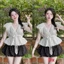 Set Bộ Nữ Đi Chơi Áo Cotton Hàn Cổ V Tay Cánh Tiên Mix Chân Váy Bí Ngô Chấm Bi Vải Mango Cao Cấp Xinh Xắn