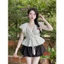 Set Bộ Nữ Đi Chơi Áo Cotton Hàn Cổ V Tay Cánh Tiên Mix Chân Váy Bí Ngô Chấm Bi Vải Mango Cao Cấp Xinh Xắn