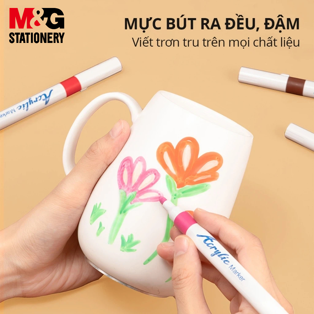 Bút Acrylic Marker M&G MOCALO 12/24/36/48 Màu – Mực Nhiều Hơn 80%, Độ Che Phủ Cao, Vẽ Gỗ Kính Gốm Sứ Giày Dép
