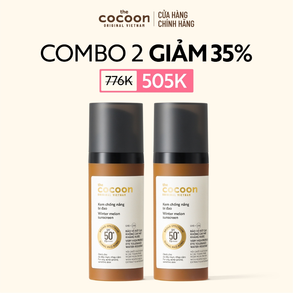 [MUA 2 GIẢM 35%] Combo 02 Kem chống nắng bí đao quang phổ rộng SPF 50 +, PA ++++ Cocoon 50ml