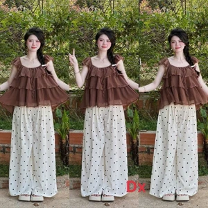 Set Bộ Nữ Đi Chơi Áo Tơ Ánh Kim 2 Lớp Phối Bèo Tầng Mix Quần Ống Suông Dài Chấm Bi Vải Mango Cao Cấp Hot Girl