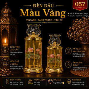 Đèn Dầu Thủy Tinh Mã 057 Màu Vàng Hổ Phách - Họa Tiết Liên Hoa Cổ Phong Trang Trí Bàn Thờ, Không Gian Thiền Trà