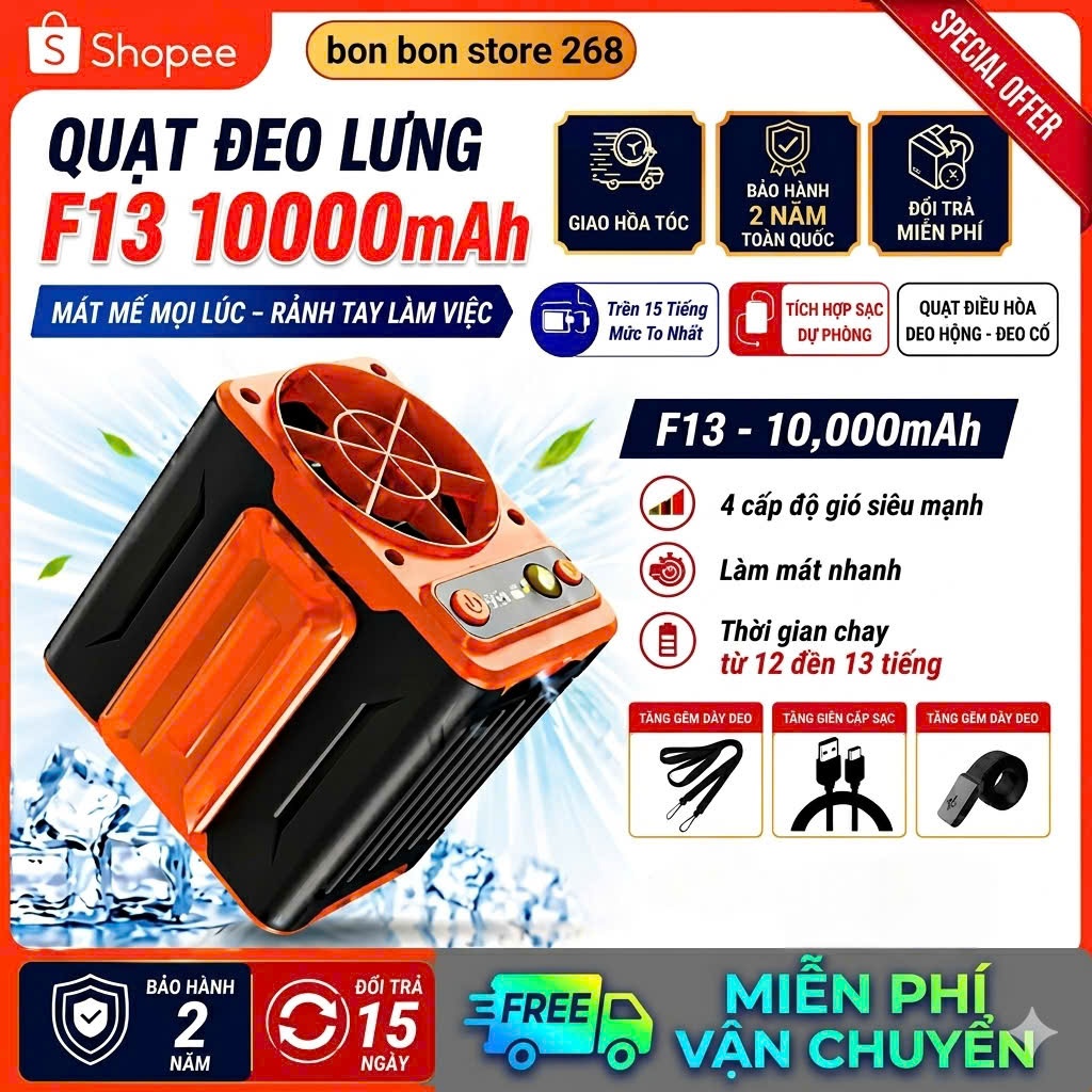 Quạt đeo thắt lưng F13 Pin 10000Mah, Quạt đeo eo đeo hông siêu mát kiêm sạc dự phòng tích hợp đèn pin, BH 24 tháng