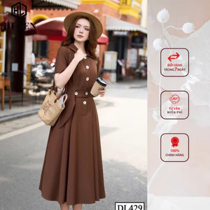 Đầm liền thân công sở HELEN thiết kế dángxòe màu nâu cổ đức đai eo DL429