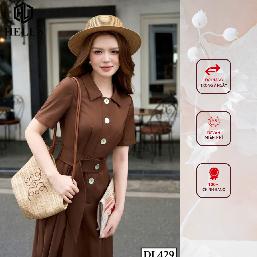 Đầm liền thân công sở HELEN thiết kế dángxòe màu nâu cổ đức đai eo DL429