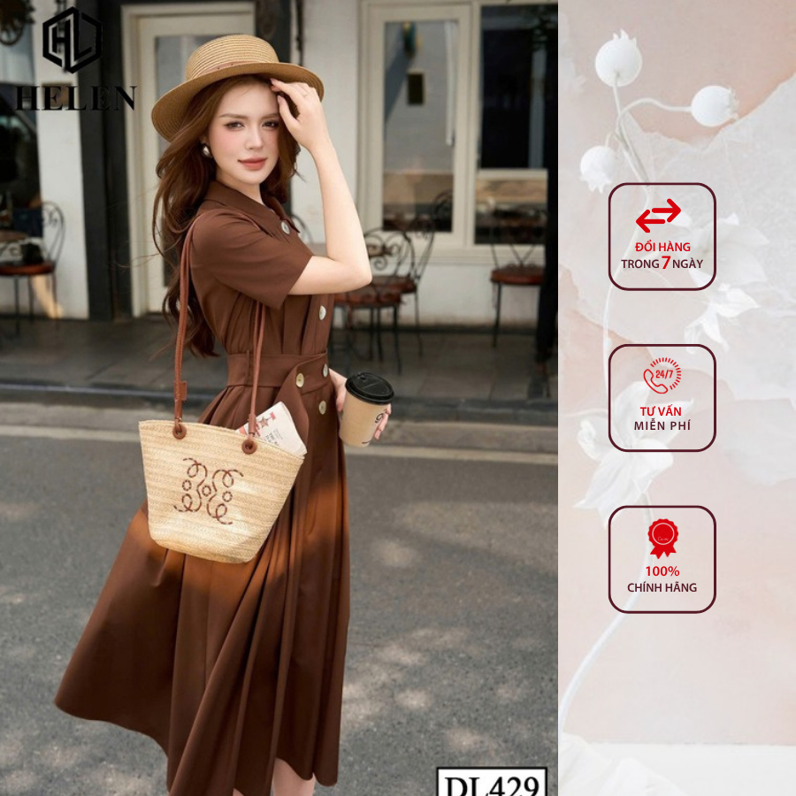 Đầm liền thân công sở HELEN thiết kế dángxòe màu nâu cổ đức đai eo DL429