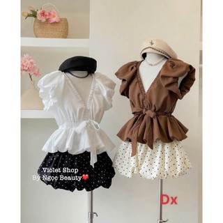 Set váy thời trang nữ chất áo cotton hàn cổ V tay ngắn bèo eo cột nơ nổi bật viền xếp ly phối váy bí mango in chấm bi