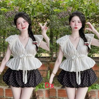 Set váy thời trang nữ chất áo cotton hàn cổ V tay ngắn bèo eo cột nơ nổi bật viền xếp ly phối váy bí mango in chấm bi