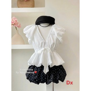 Set váy thời trang nữ chất áo cotton hàn cổ V tay ngắn bèo eo cột nơ nổi bật viền xếp ly phối váy bí mango in chấm bi