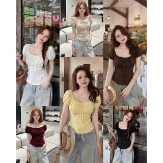 LT - Áo thun cộc tay trễ vai cổ vuông bo chun, buộc dây nơ, thun ôm body siêu tôn dáng 1804