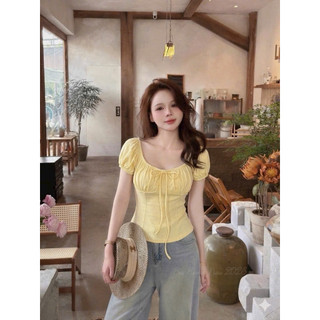 LT - Áo thun cộc tay trễ vai cổ vuông bo chun, buộc dây nơ, thun ôm body siêu tôn dáng 1804