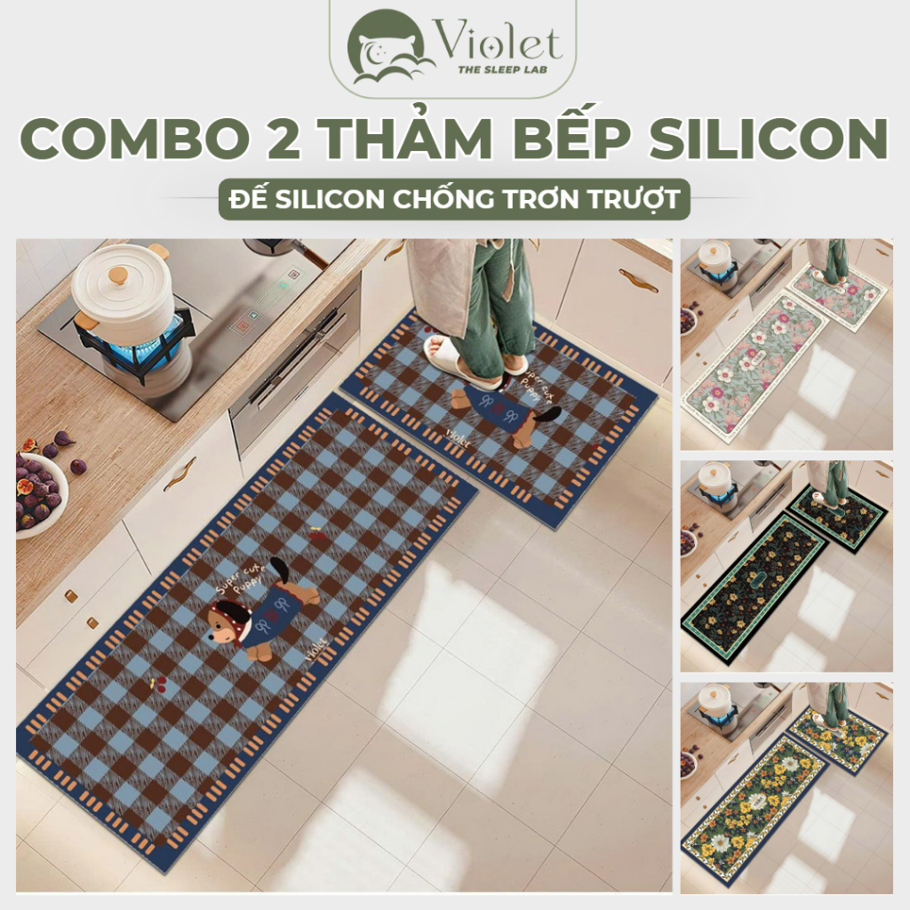 Combo 2 Thảm Bếp VIOLET HOME Silicon Chống Trượt Thấm Hút Tốt Họa Tiết Trang Trí Nhà Bếp