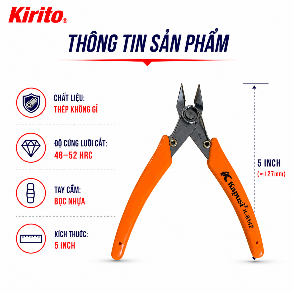 Kìm Cắt Chân Linh Kiện Kapusi K-8142 Thép Không Gỉ Cao Cấp - Kìm Cắt Dây Đồng, Dây Điện Nhỏ Sắc Bén