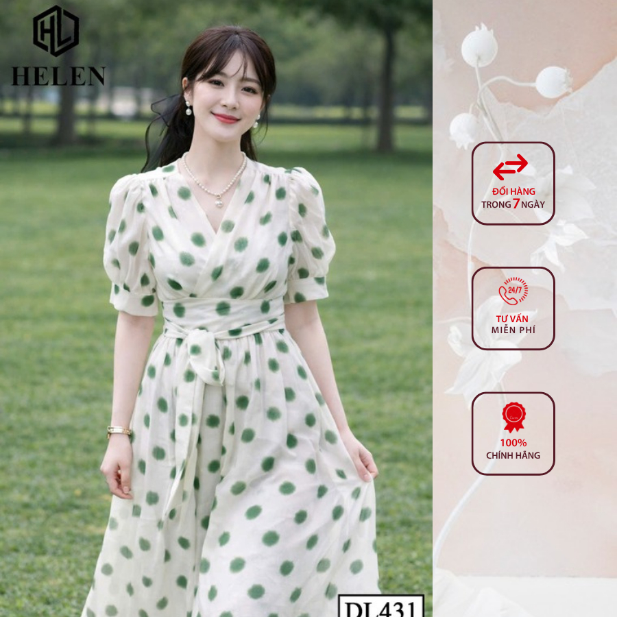 Đầm liền thân công sở HELEN thiết kế dáng xòe chấm bi xanh nơ eo DL431