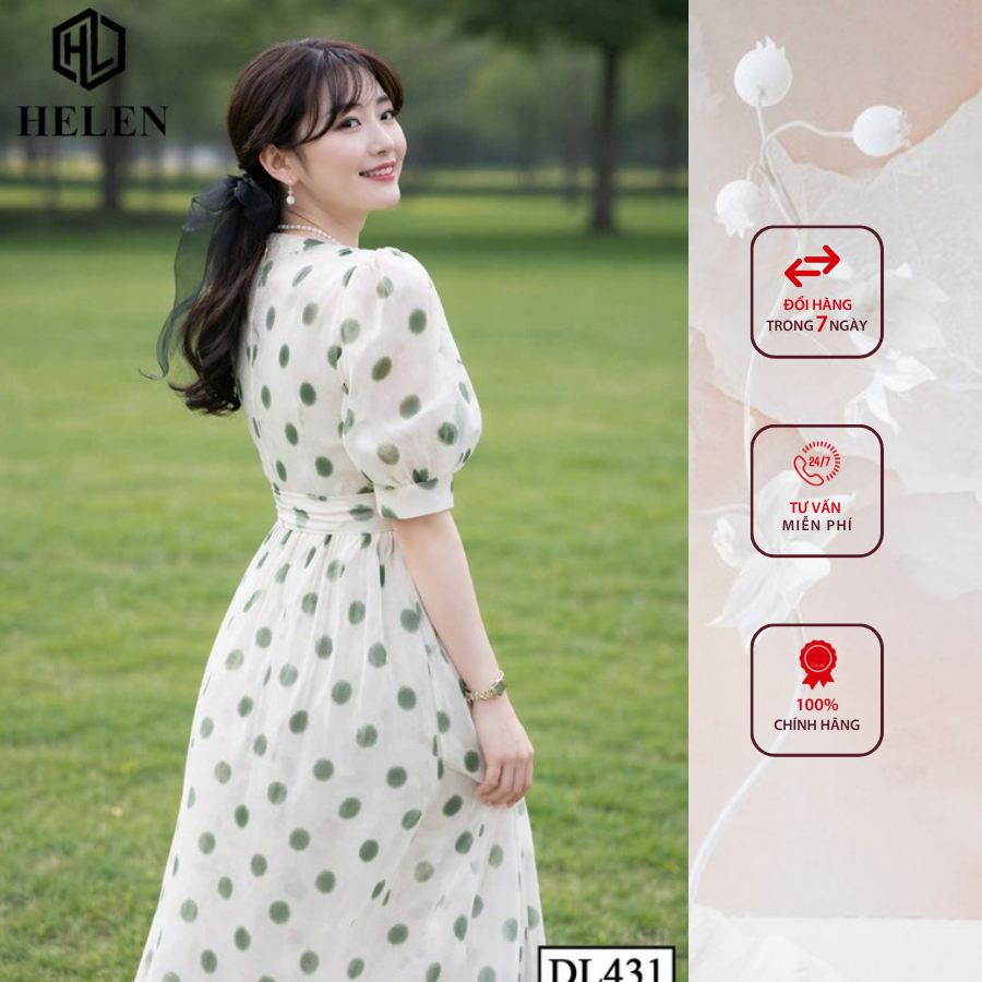 Đầm liền thân công sở HELEN thiết kế dáng xòe chấm bi xanh nơ eo DL431