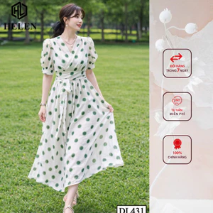 Đầm liền thân công sở HELEN thiết kế dáng xòe chấm bi xanh nơ eo DL431