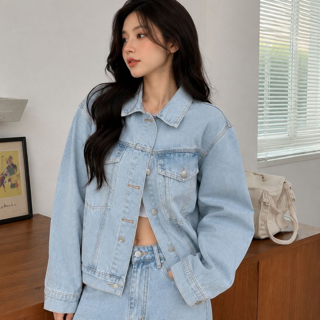 Áo Khoác Jean Dáng Ngắn MIAA Chất Bò Denim màu Xanh Đen chỉ nổi đầy đủ size có túi trong