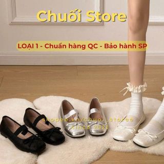 Giày bệt nữ da PU tổng hợp dệt vải đế cao su phong cách thanh lịch phối quai ngang mix nơ cao cấp