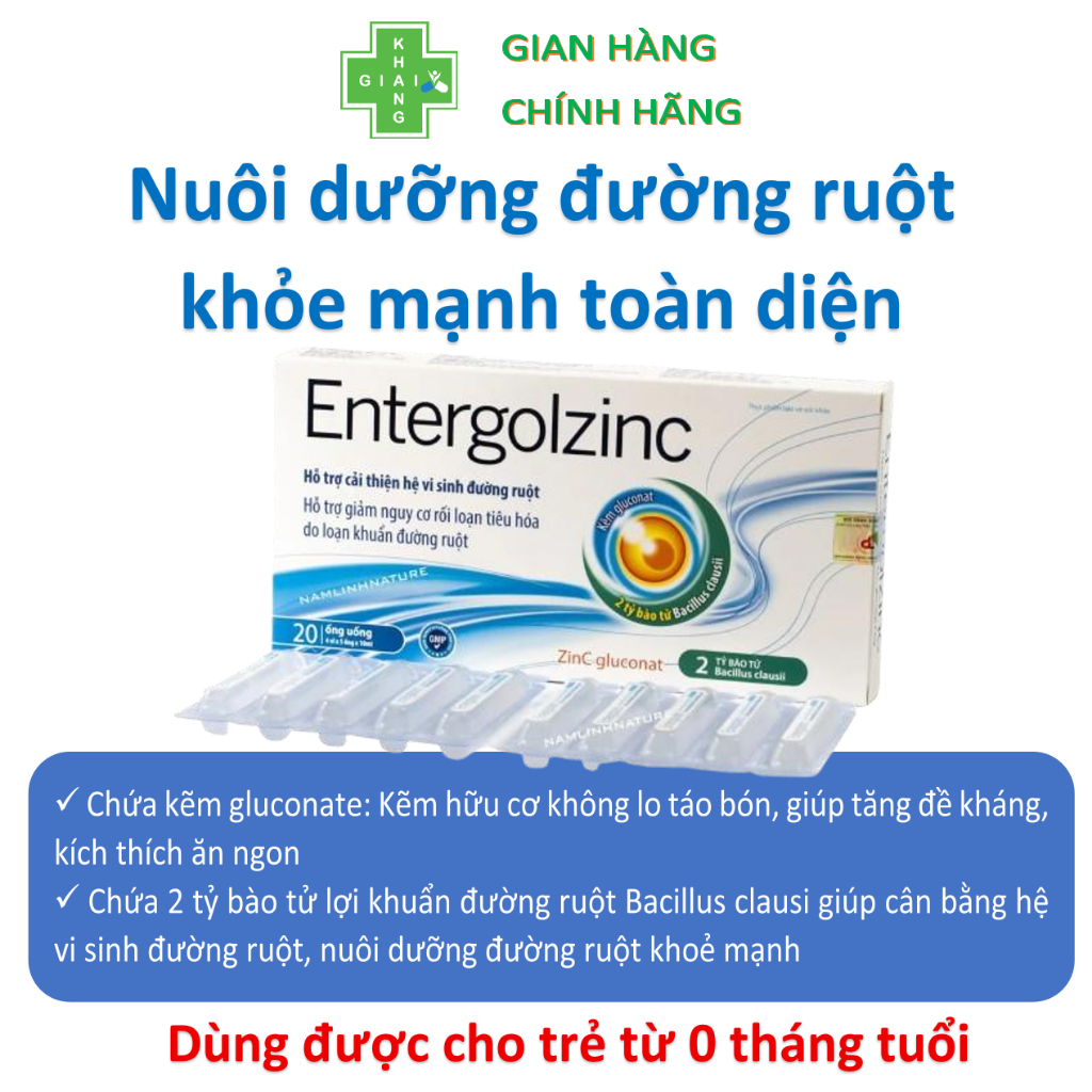 Men vi sinh 2 tỷ bào tử lợi khuẩn kết hợp với Kẽm EntergoldZinc (Hộp 20 ống)