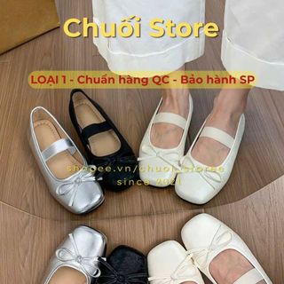 Giày bệt nữ da PU tổng hợp dệt vải đế cao su phong cách thanh lịch phối quai ngang mix nơ cao cấp