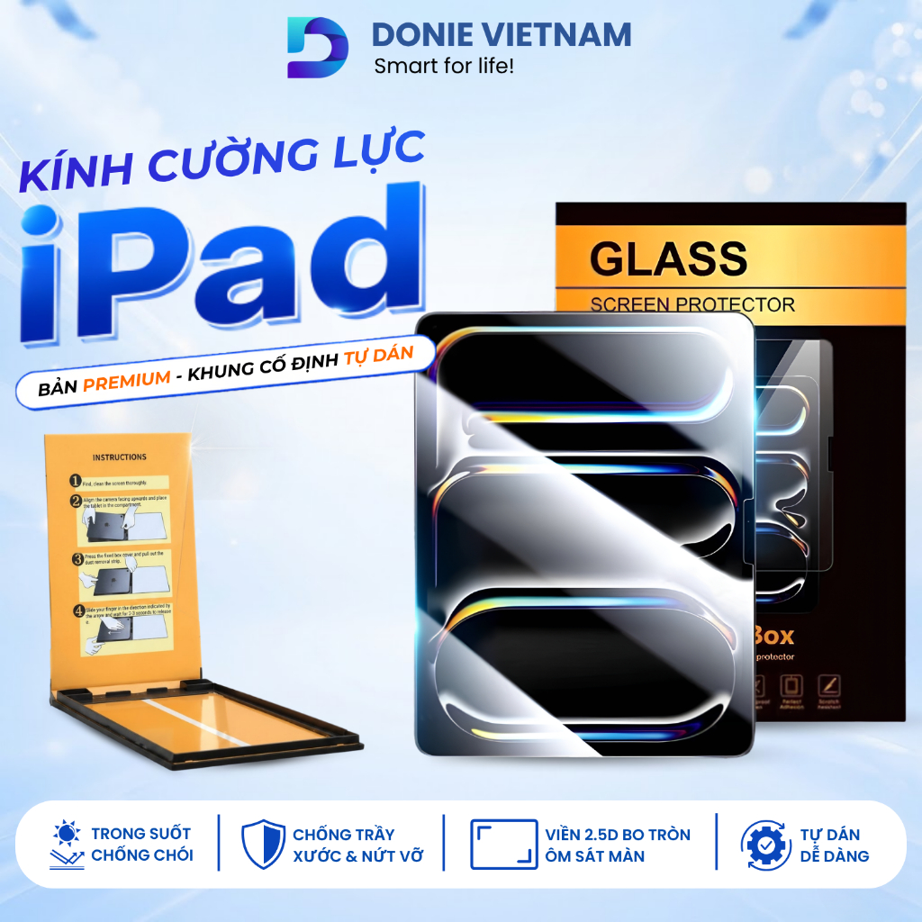 [Premium - Siêu Bền] Kính Cường Lực iPad Khung Tự Dán Cho Gen 10/11 Air 4/5/6/7 Pro 11 | DONIE C03