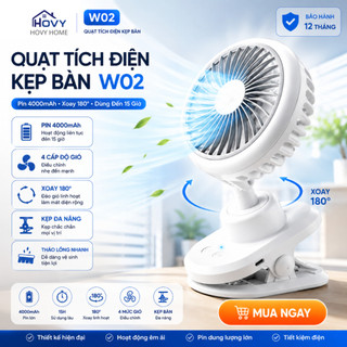 Quạt Tích Điện Kẹp Bàn W02, Pin Trâu 4000mAh, Dùng Liên Tục 15h (Mức gió thấp nhất), Xoay tự động 180°, BH 12 Tháng