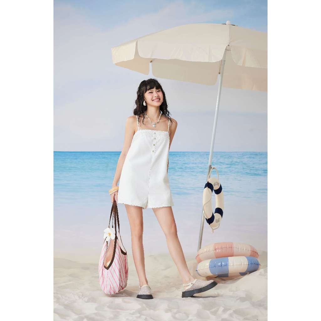 SECODEE Jumpsuit Hai Dây Chất Vải Xô Viền Ren COLLY Đồ Liền Thân Ống Rộng Ngắn Nữ Tính FSUA2604066