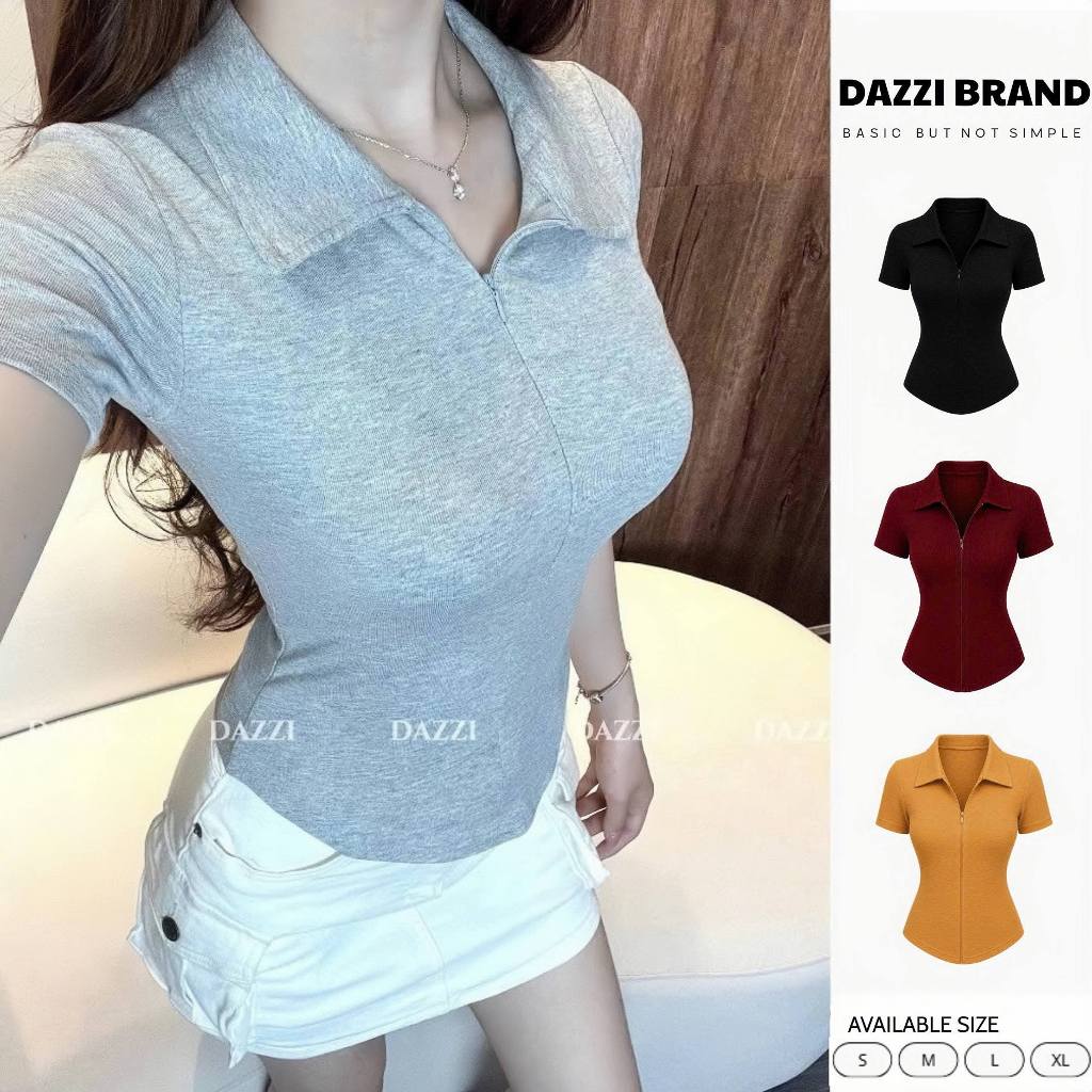 [MÀU MỚI 2026] Áo thun nữ cổ bẻ phối dây kéo DAZZI , áo polo nữ ôm dáng vải cotton mịn DAZZI A022