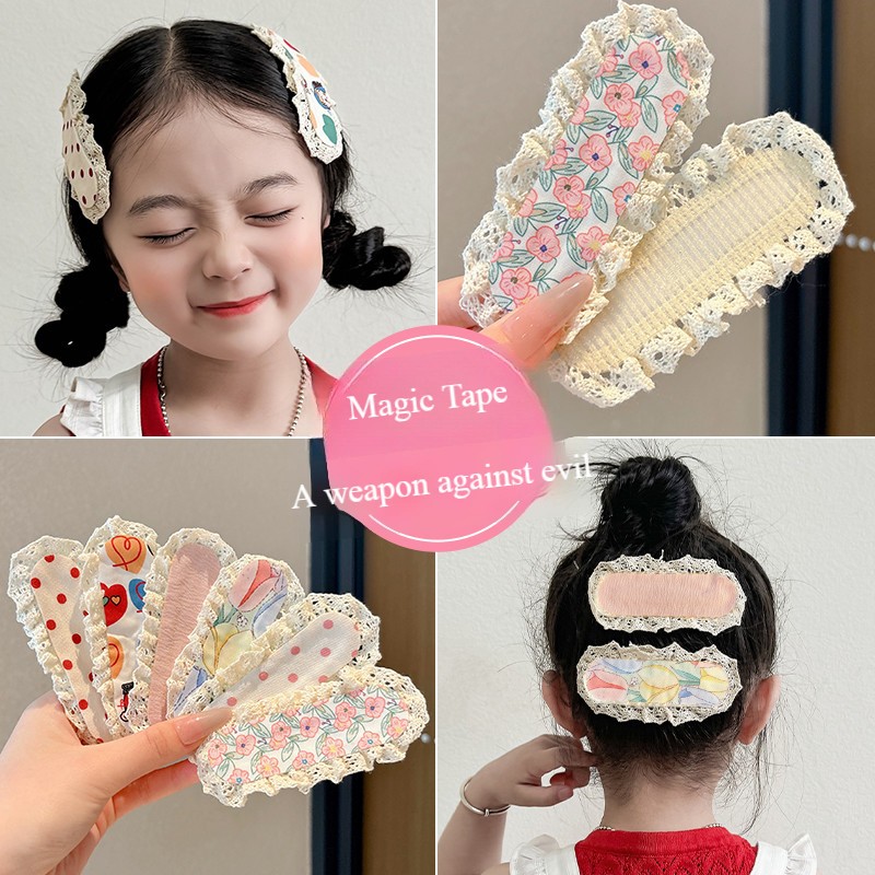 Set 2 Băng Đô Dán Giữ Tóc Ngắn Chất Liệu Vải Phối Ren, Băng Đô Hoa Nhiều Màu Sắc Kiểu Dáng Ngọt Ngào