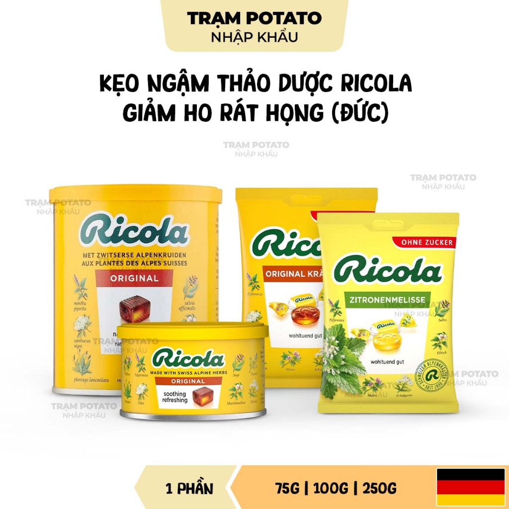 Kẹo Ngậm Thảo Mộc Giảm Ho Rát Họng Ricola Original Herb Lemon Mint Sugar Free (Gói 75g/100g/250g)
