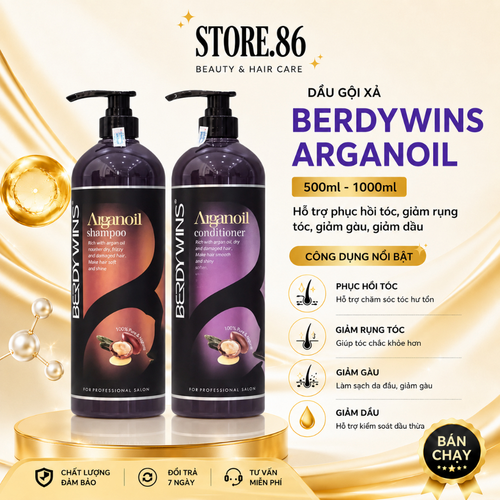 Cặp Dầu Gội Xả BERDYWINS 500ml - 1000ml | Sạch Thoáng Da Đầu, Tóc Mềm Mượt & Bóng Khỏe