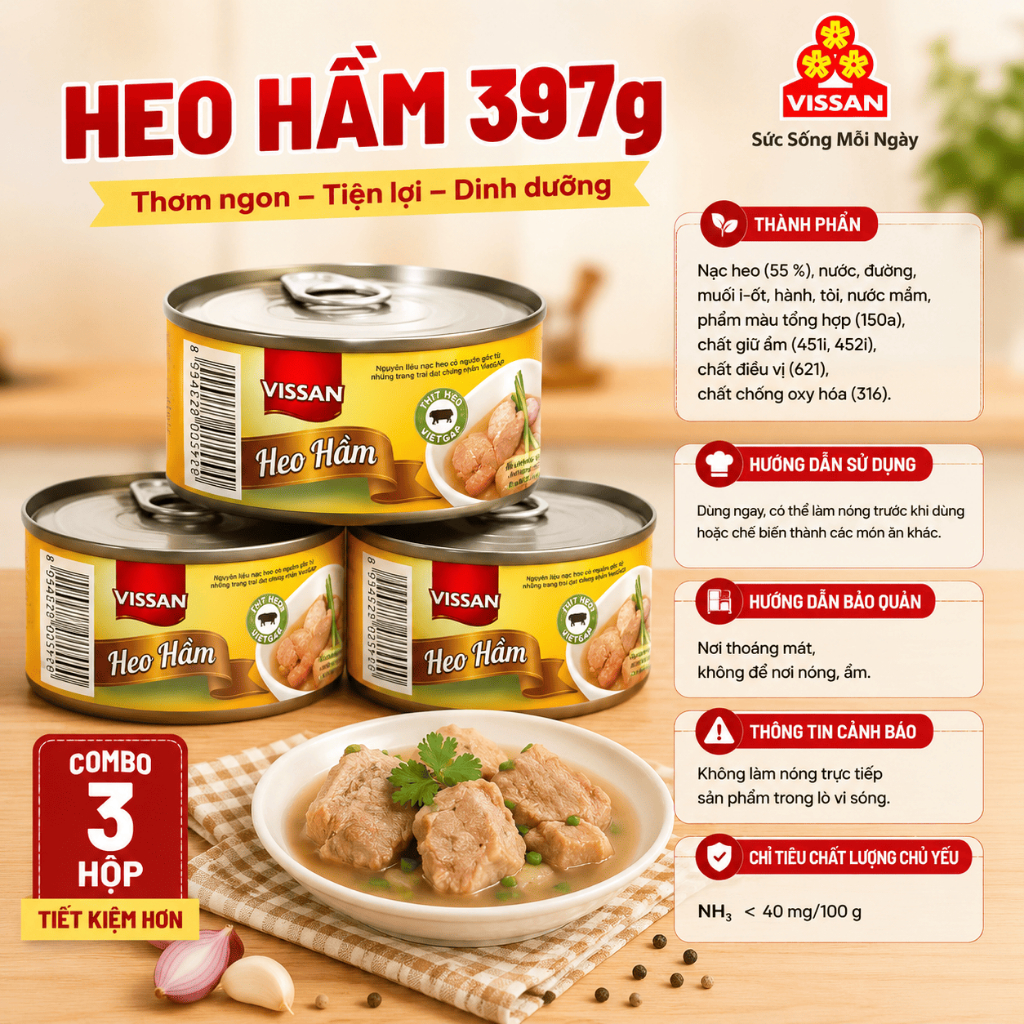 [Combo 3 Hộp] Heo Hầm Lớn Vissan – Date 2029, HSD 36 Tháng, Ăn Liền Tiện Lợi