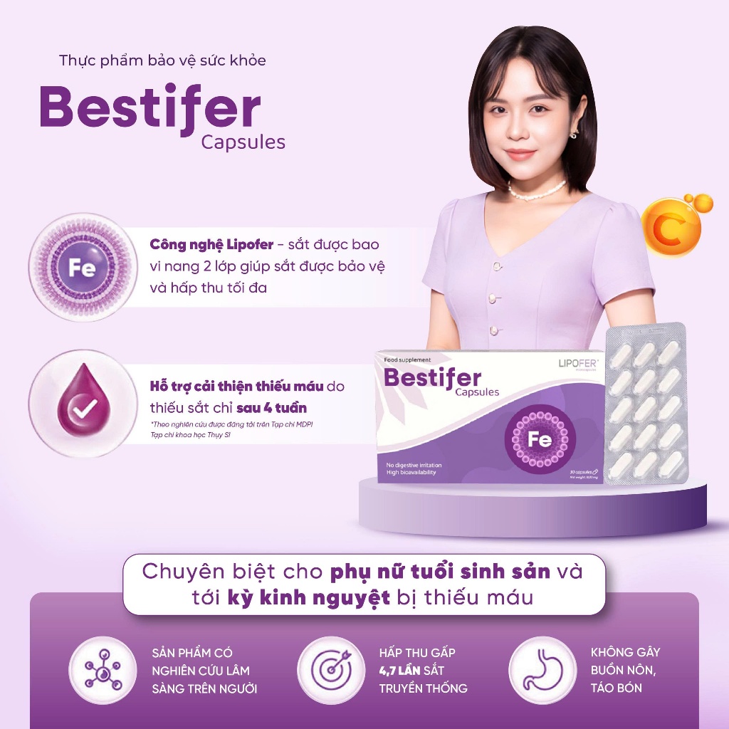 Sắt viên Bestifer capsules hộp 30 viên - Hỗ trợ bổ sung sắt, cải thiện thiếu máu | [Tích điểm]